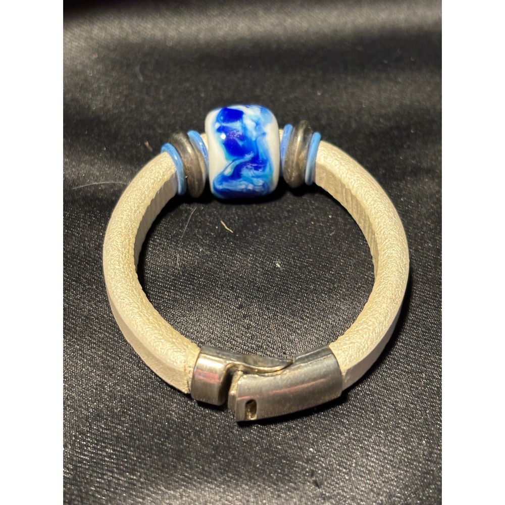 White Leather Cord Bracelet Blue Marbled Glass Bead Magnetic Clasp Boho Style
